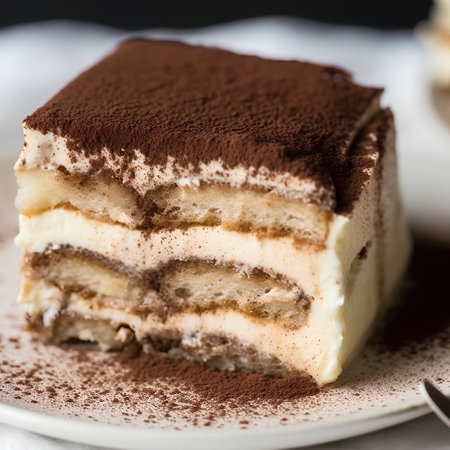Tiramisu cake on a plate, selective focus, square imageの素材