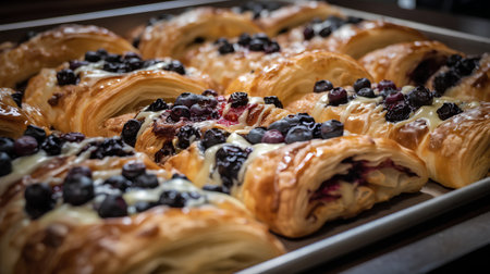 Freshly baked croissants with blueberries and raspberriesの素材