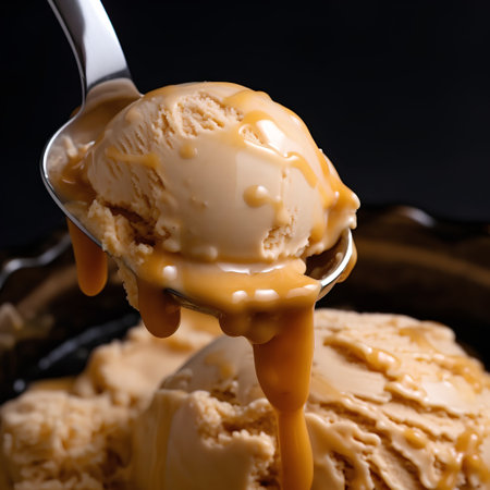Scoops of ice cream with caramel sauce on a black backgroundの素材