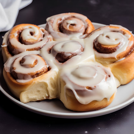 Cinnamon rolls on a plate on a black background. Selective focus.の素材