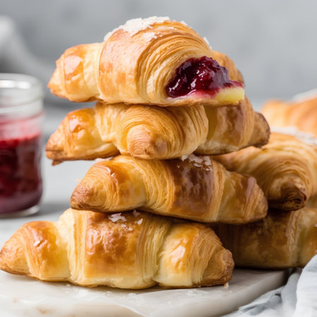 Freshly baked croissants with raspberry jam on a light backgroundの素材