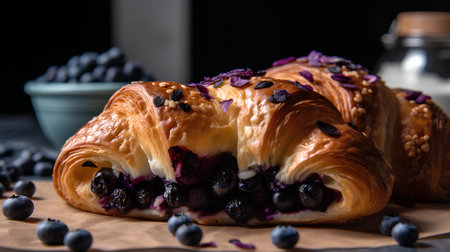 Croissant with blueberries and blackberries on a dark background.の素材
