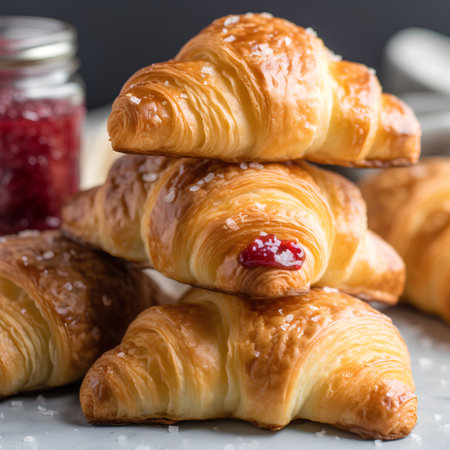 Freshly baked croissants with jam on a white table.の素材