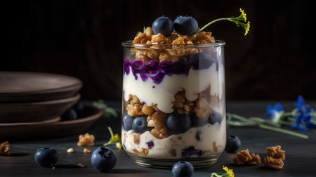 Greek yogurt with blueberries and granola in a glass on dark backgroundの素材