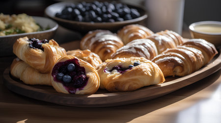 Croissants with blueberry jam and fresh berries on wooden plateの素材