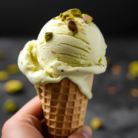 Vanilla ice cream in waffle cone with pistachios on dark backgroundの素材
