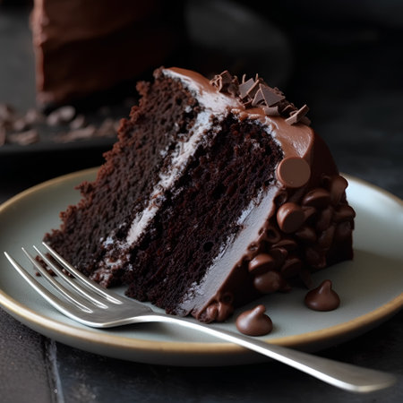 Chocolate cake with chocolate glaze on a plate, selective focusの素材