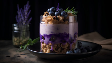 Healthy breakfast with blueberry yogurt and granola, selective focusの素材