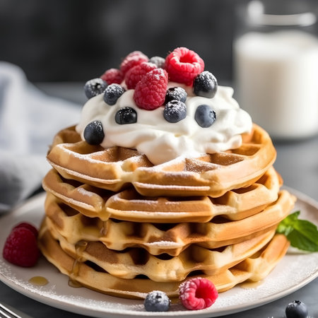 Belgian waffles with fresh berries and whipped cream, selective focusの素材