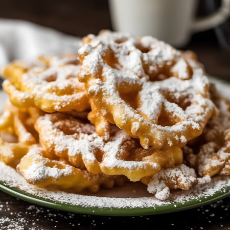 Fried waffles with powdered sugar on a plate, selective focusの素材