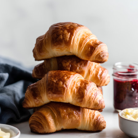 Freshly baked croissants with jam on a white background.の素材