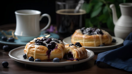 Sweet buns with blueberries and cup of coffee on wooden tableの素材