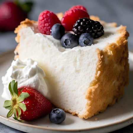 Piece of cake with cream and berries on a plate, selective focusの素材