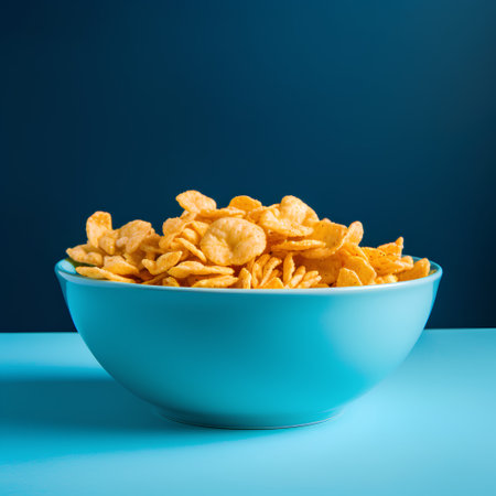 Bowl of cornflakes on blue background. Cornflakes in bowl on blue table.の素材