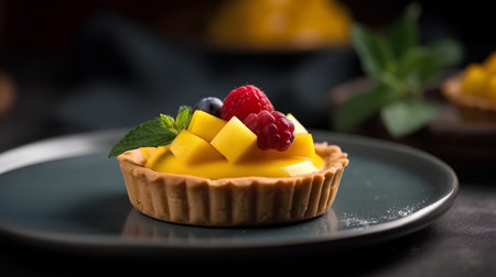 mango tartlet with fresh raspberries and blueberries, selective focusの素材