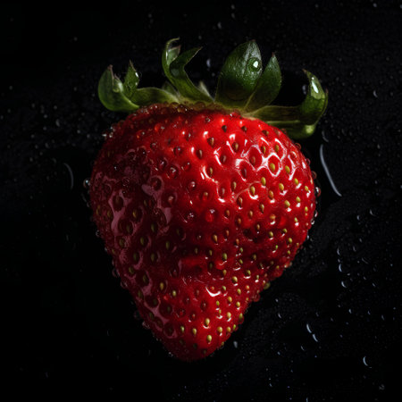 Strawberry on a black background with water drops close-upの素材