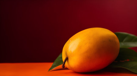 Ripe mango on a red background. Close up. Copy space.の素材