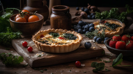 Mini quiche tart with berries and herbs on a wooden board.の素材