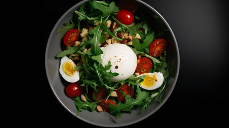 Salad with egg, arugula, cherry tomatoes and nuts on a black backgroundの素材