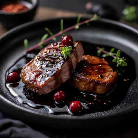 Grilled beef steak with cranberries and thyme, selective focusの素材