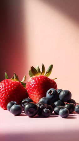Strawberries and blueberries on a pink background, selective focus.の素材