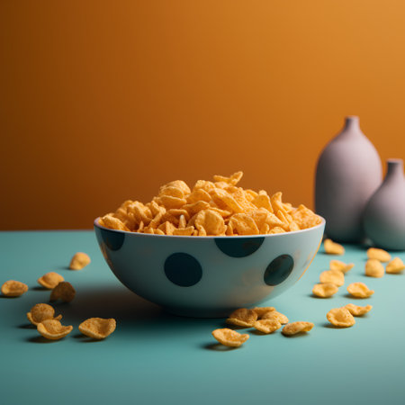 Cornflakes in a bowl on a blue and orange background.の素材