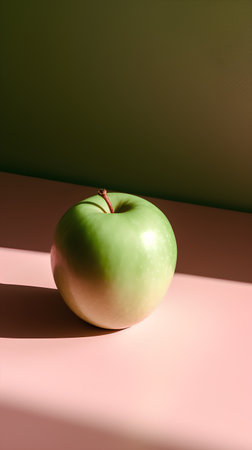 Green apple on a pink and green background. Minimal style.の素材