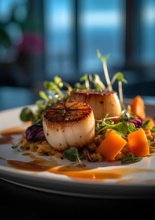Grilled scallops with sweet potato and microgreens.の素材