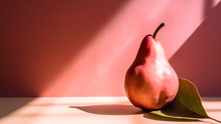Ripe red pear with green leaves on a pink background with shadows.の素材
