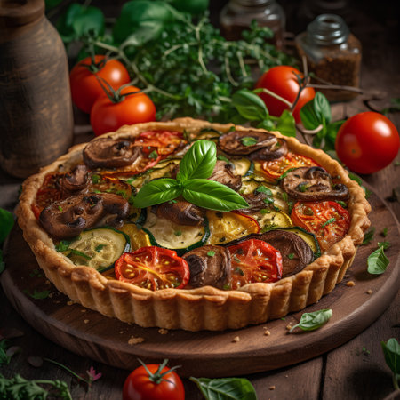 Tart with mushrooms, tomatoes and zucchini on a wooden backgroundの素材