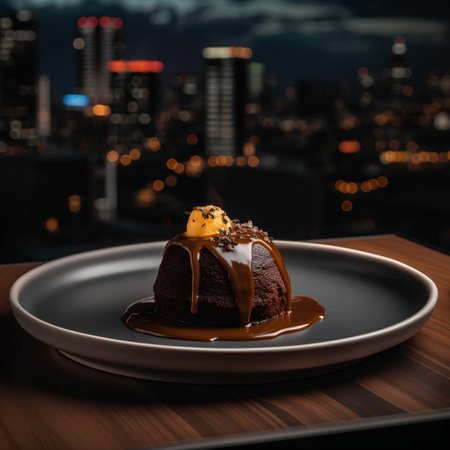 Chocolate panna cotta with caramel sauce on wooden table with cityscape backgroundの素材