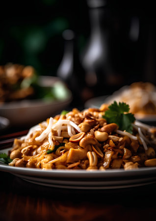 Noodles with cashew nuts on a dark background. Selective focus.の素材