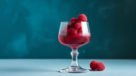 Raspberry dessert in a glass on a blue background. Copy space.の素材