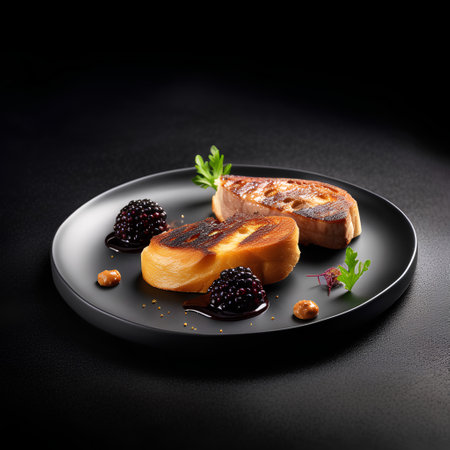 Fried pork chops with blackberries and berry sauce on black plateの素材