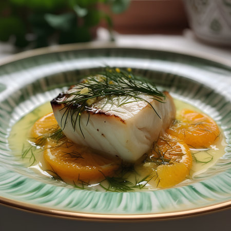 Herring fillet with orange and dill on a green plateの素材