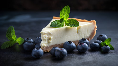 Cheesecake with blueberries and mint on a black background.の素材