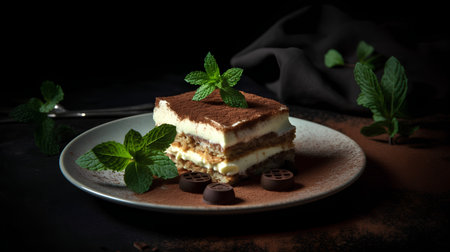 Classic tiramisu dessert on ceramic plate with mint leaves on dark backgroundの素材