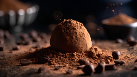 Chocolate truffles sprinkled with cocoa powder on a dark backgroundの素材