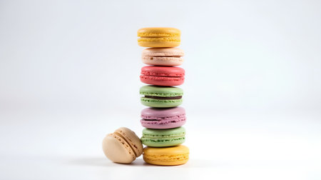Stack of colorful macaroons isolated on white background. French dessert.の素材