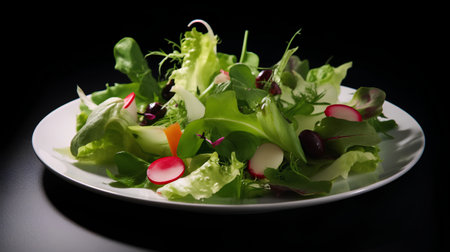 Fresh salad with radish and arugula on a black backgroundの素材
