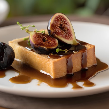 Toasted bread with figs and caramel sauce on a wooden tableの素材