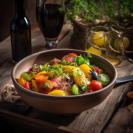 Salad with tomatoes, olive oil and herbs. Selective focus.の素材