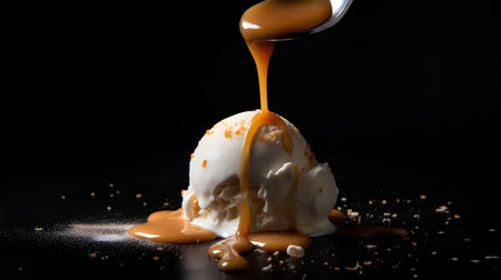 Pouring caramel sauce over ice cream with spoon on black background.の素材