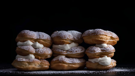 Group of tasty eclairs with cream and sugar on black backgroundの素材