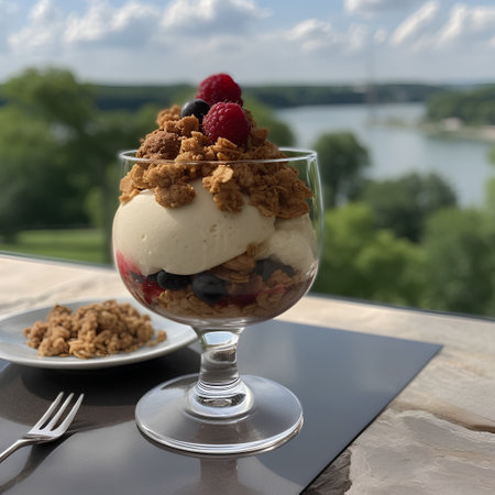 Greek yogurt parfait with fresh berries and granola in a glassの素材