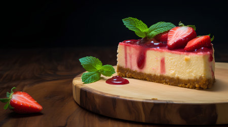 Strawberry cheesecake on a wooden board. Dark background.の素材