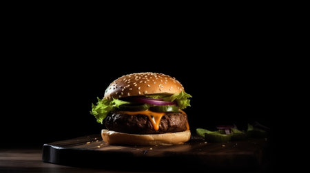 Hamburger on a wooden board on a black background with copy spaceの素材