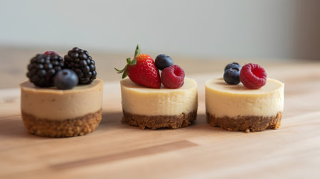 Creamy cheesecake with fresh berries on wooden table, closeupの素材
