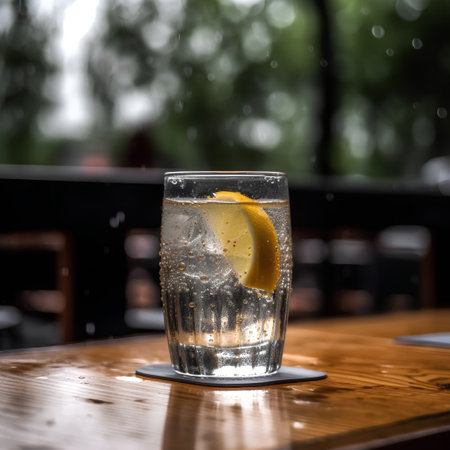 Glass of water with lemon and ice cubes on a wooden table.の素材