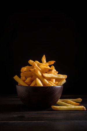 Golden French fries potatoes in bowl on dark wooden background. Copy space.の素材